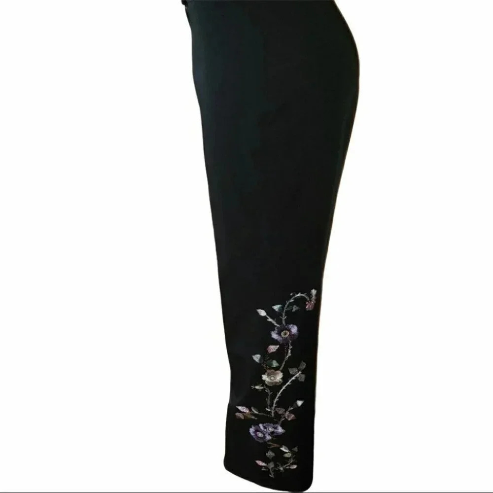 B. Moss Dress Pants 6 Black Floral Embroidered Straight Leg Stretch Trousers